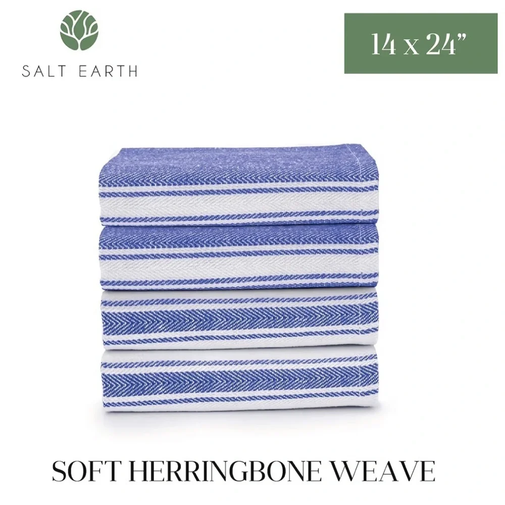 NEW Set 4 Kitchen Towels Salt Earth Cotton Blue White Herringbone